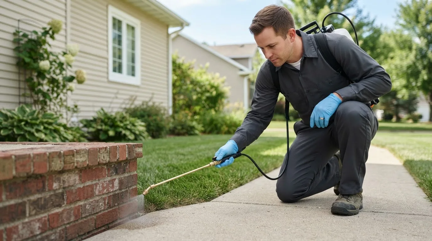 Pest control technician treating a home near Sabetha, KS